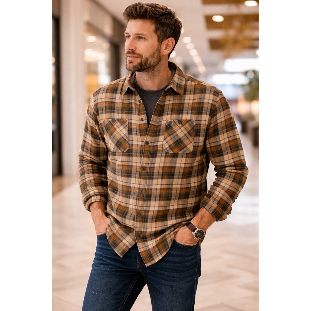 Coleman Flannel‎ Shirt Mens Large Plaid Brown Green Outdoor Workwear